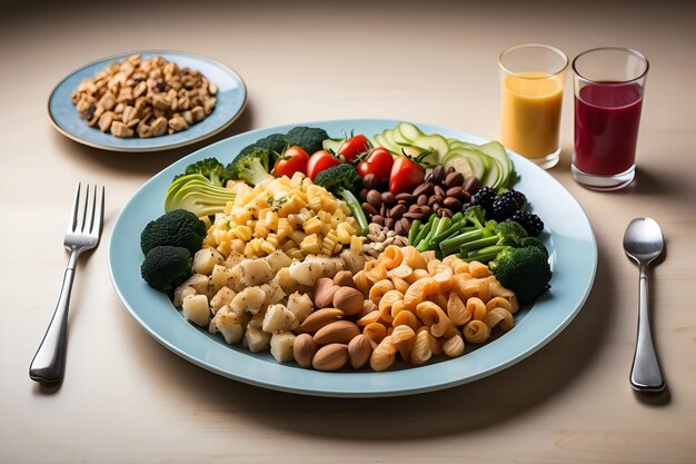 Plato de comida y un vaso de jugo de naranja en la mesa