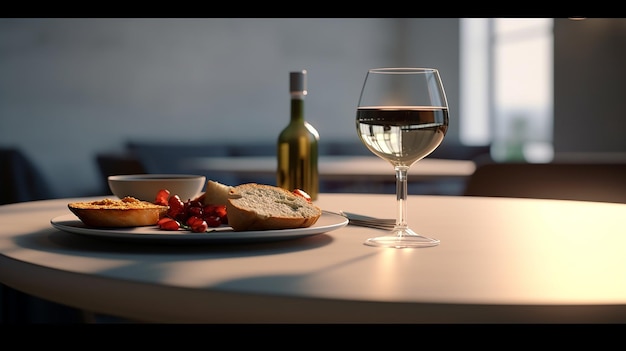 Foto un plato de comida y un vaso de vino en una mesa generativa de ia