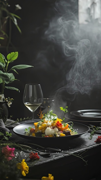 Un plato de comida con un vaso de vino y un plato de alimentos con un vidrio de vino