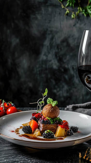 un plato de comida con un vaso de vino a su lado