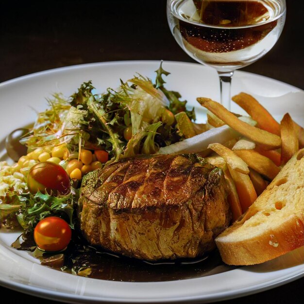 un plato de comida con un vaso de vino y un vas o de vino