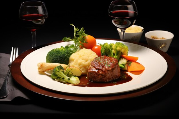 un plato de comida con vasos de vino