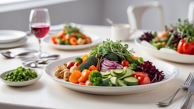 Foto un plato de comida vegetal colocado en una mesa de madera blanca prístina en un entorno de restaurante enfatiza el texto