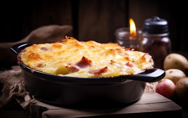 Un plato de comida con una vela al fondo.