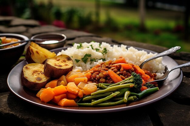 Foto un plato de comida con verduras de arroz y arroz