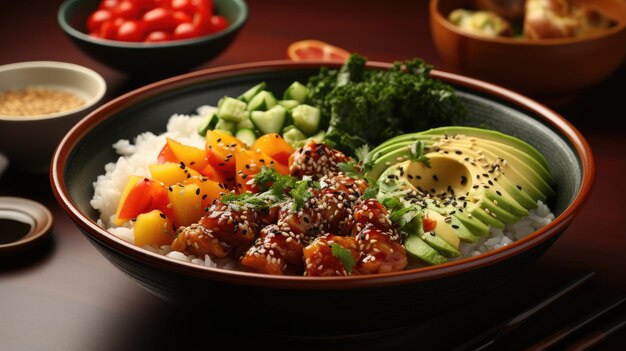 Foto un plato de comida con verduras y arroz