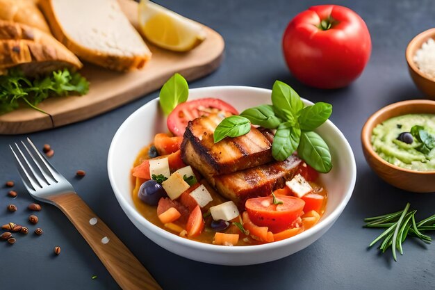 Un plato de comida con verduras y carne en una mesa