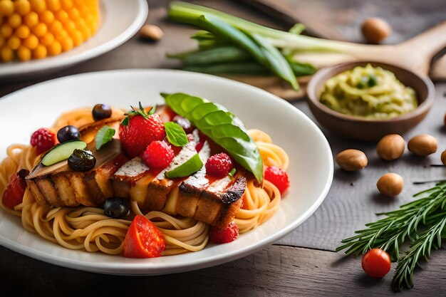 Un plato de comida con verduras y frutas.