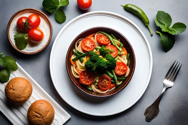 Un plato de comida con verduras en una mesa.