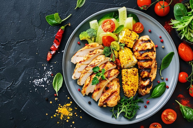 un plato de comida con verduras de pollo y tomates