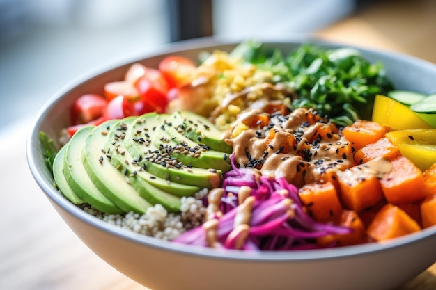 Foto un plato de comida con verduras de quinoa y aguacate en una mesa de madera