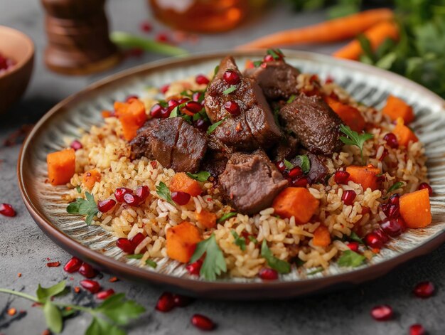 un plato de comida con zanahorias, arroz y zanahorias