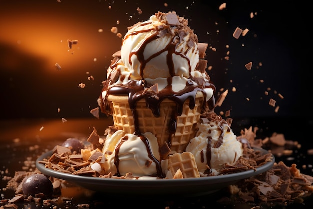 Un plato de cono de helado con chispas de chocolate