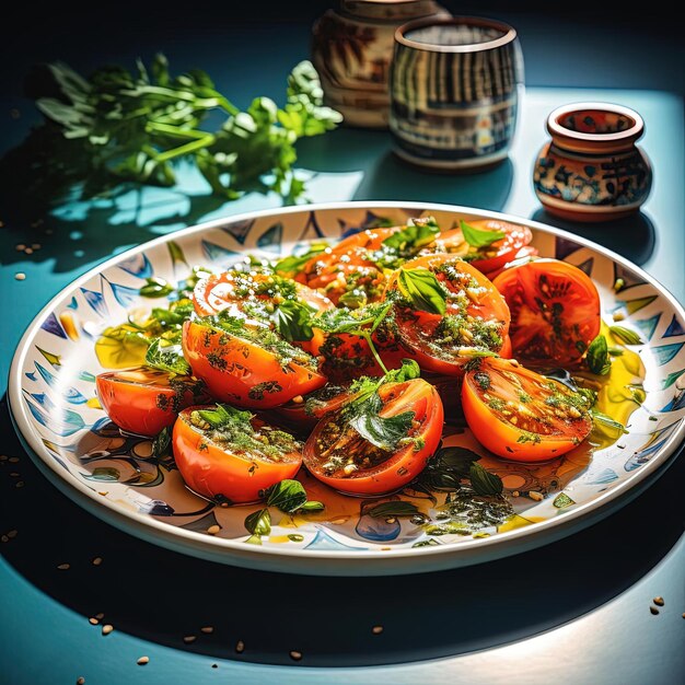 un plato contiene tomates asados y perejil encima al estilo de geometrías atrevidas