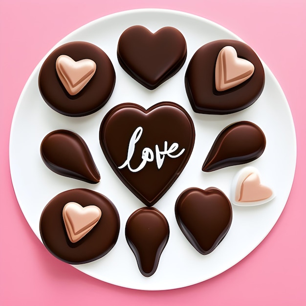 Foto un plato de corazones de chocolate con la palabra amor en él