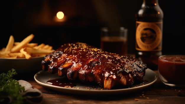 Un plato de costillas con una botella de cerveza al lado.