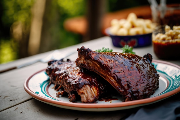 Un plato de costillas con macarrones con queso