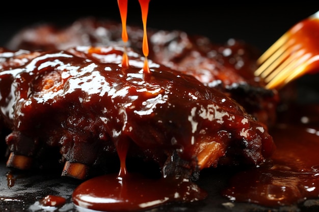 Un plato de costillas con salsa de barbacoa en él