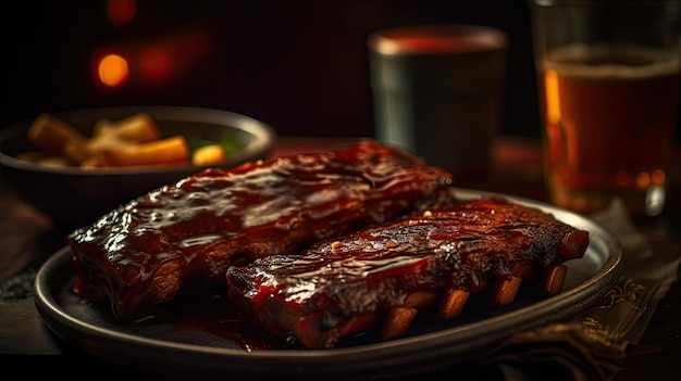 Un plato de costillas con salsa