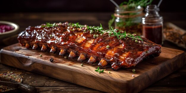 Un plato de costillas con un tarro de tomillo al lado