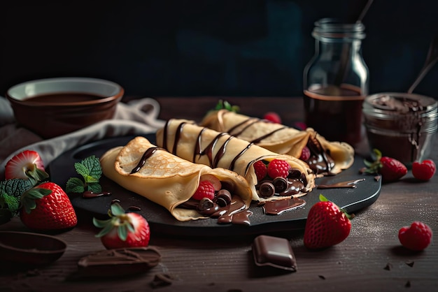 Un plato de crepes de chocolate y fresa con chocolate y fresas encima.