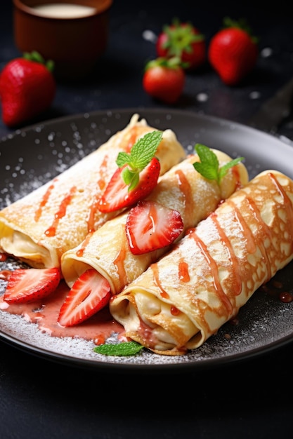 Un plato de crepes con fresas y menta