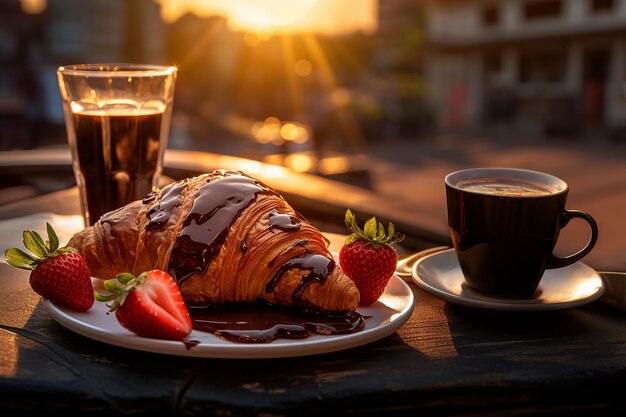 Un plato de croissants cubierto de delicioso chocolate con rebanadas de fresa