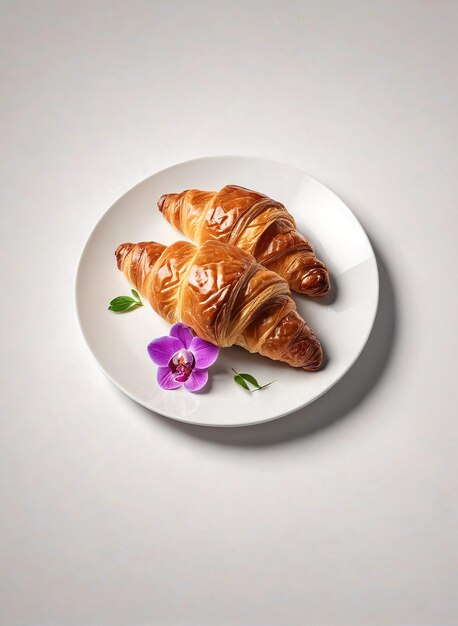 Foto un plato con croissants en él y una flor en él