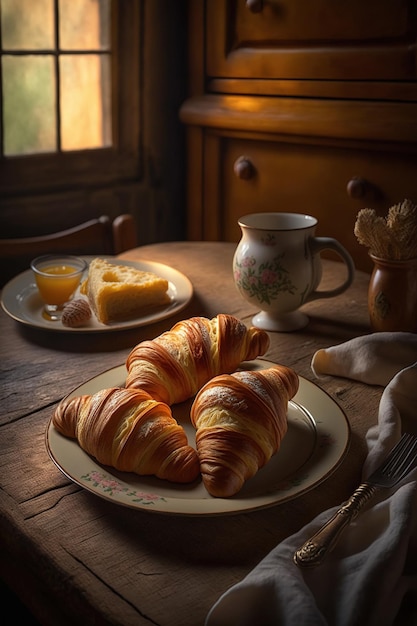 Un plato de croissants con un plato de comida encima.