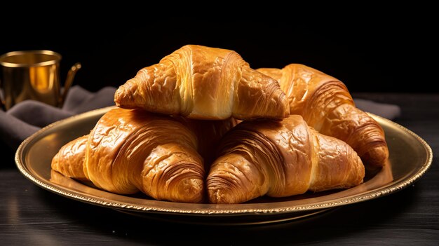 Foto un plato de croissants recién horneados con un exterior dorado