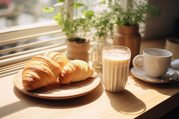 Un plato de croissants se sienta en una mesa de madera junto a una taza de café Los croissants son de color marrón dorado y parecen recién horneados La taza de Café está llena de líquido blanco cremoso