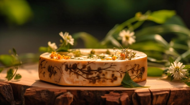 Un plato cuadrado de madera con hojas verdes y flores.