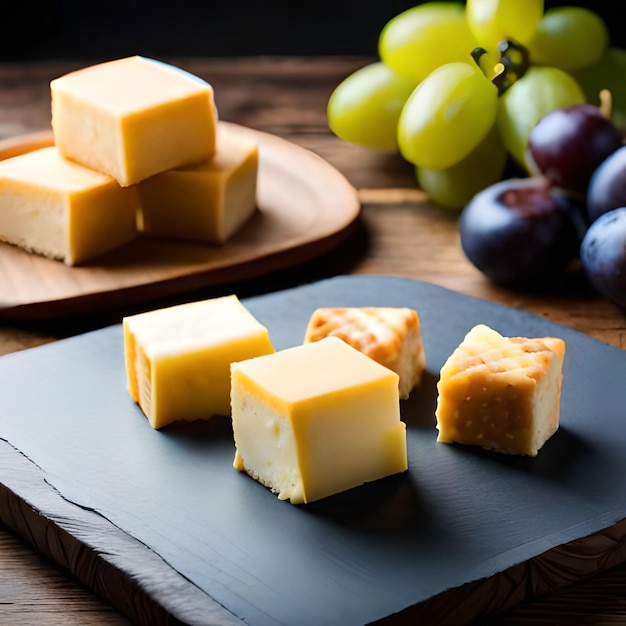 Un plato de cuadrados de queso con uvas al lado.