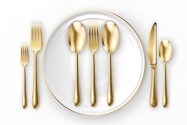 Un plato con cubiertos de oro y platos de plata