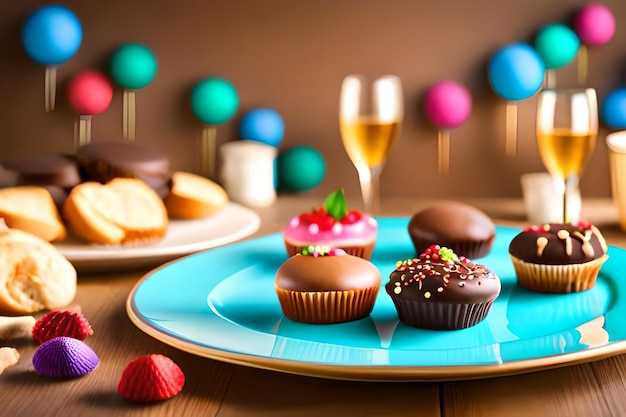 Un plato de cupcakes de chocolate con una copa de vino al fondo