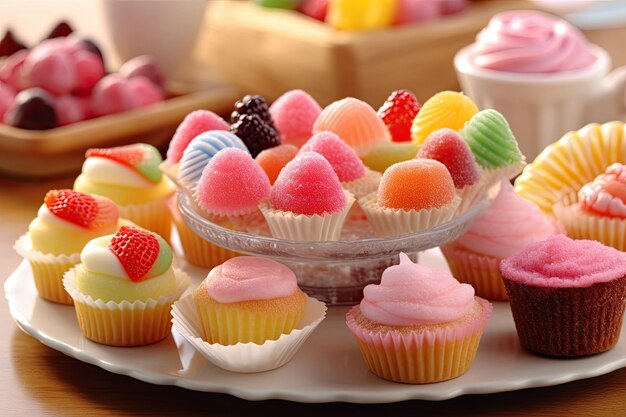 Un plato de cupcakes coloridos con diferentes sabores