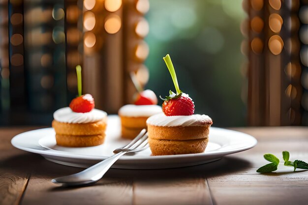 un plato de cupcakes con fresas en él