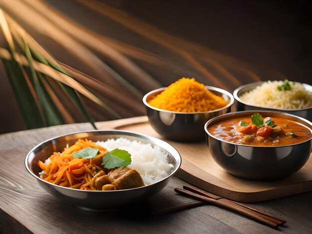 Un plato de curry con arroz y curry sobre una mesa de madera.