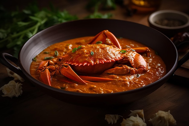 Un plato de curry de cangrejo con perejil al lado