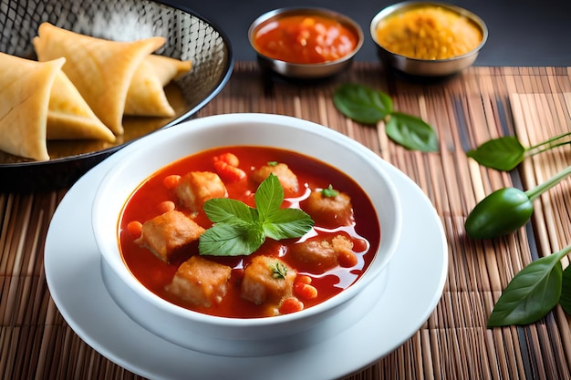 Un plato de curry con una cuchara y un plato de curry a un lado