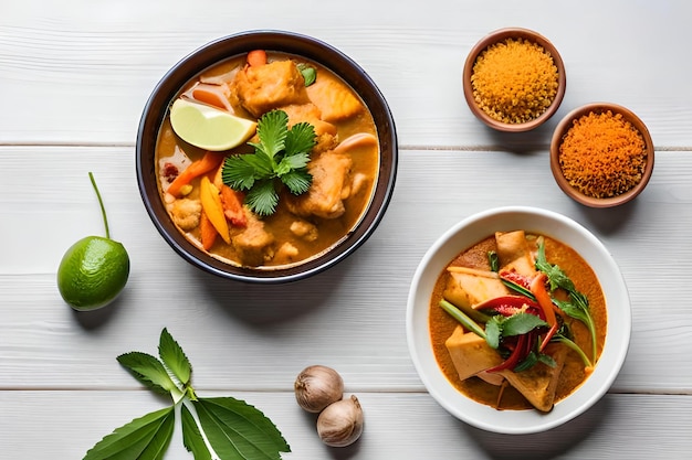 Un plato de curry con curry y otros alimentos sobre una mesa blanca