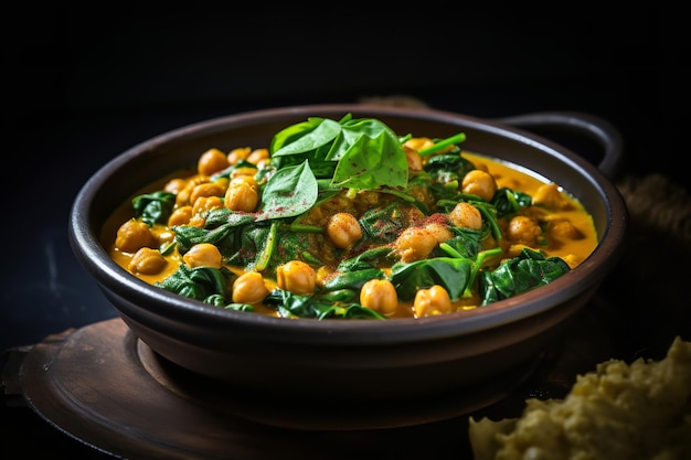 Un plato de curry de garbanzos y espinacas rico en proteínas