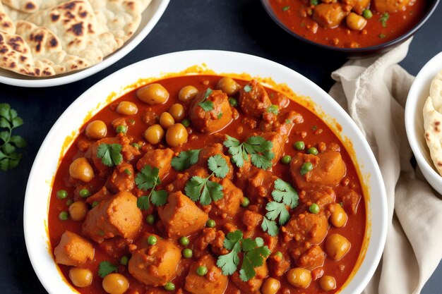 Un plato de curry de garbanzos con una guarnición de pan naan.