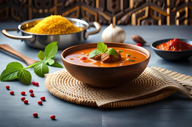 Un plato de curry con un plato de cúrcuma