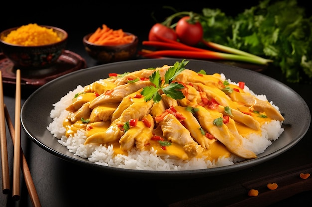 Un plato de curry de pollo de mango con arroz al vapor