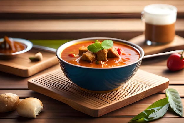 Un plato de curry rojo con una cuchara y una taza de café sobre una mesa de madera.