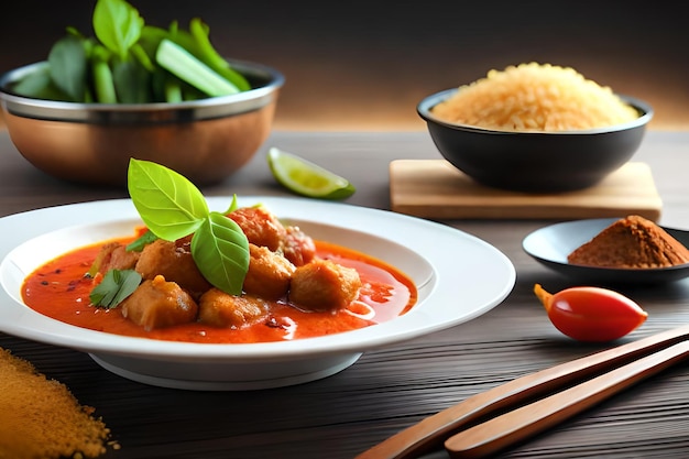 Un plato de curry rojo con un plato de arroz y un plato de albahaca.