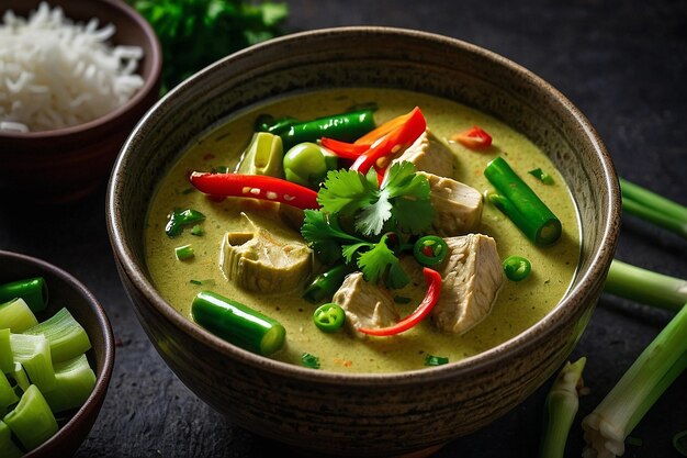 Foto un plato de curry verde adornado con cebollas verdes en rodajas