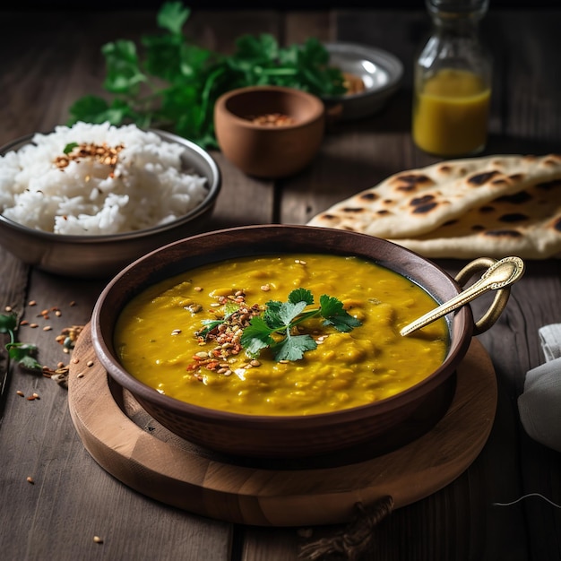 un plato de daal indio sobre arroz blanco servido en un plato rústico