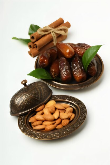 un plato de dátiles y almendras con algunos palillos de canela